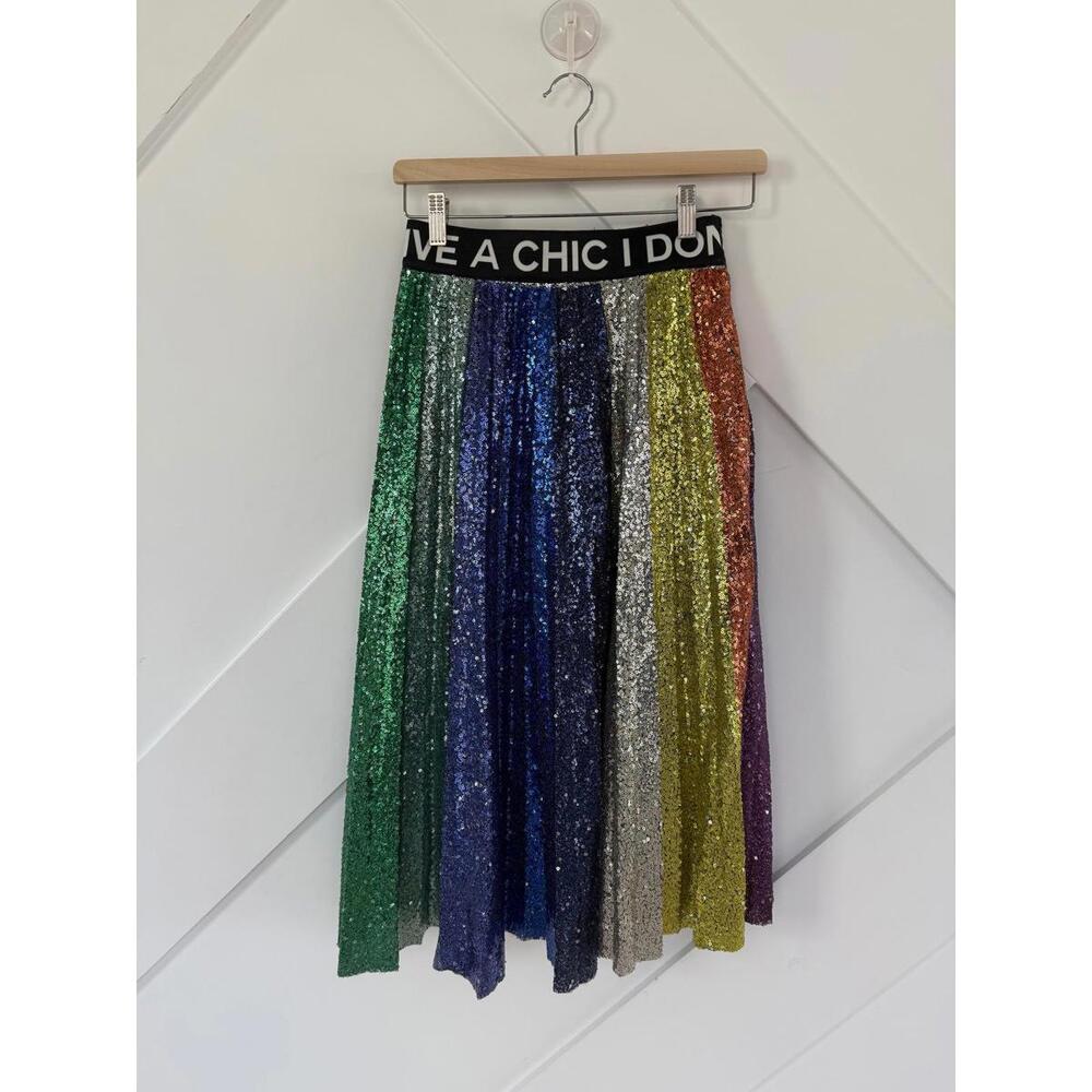 House of Muamua Multicolor Rainbow Sequin Pleated Skirt Elastic Waistband
